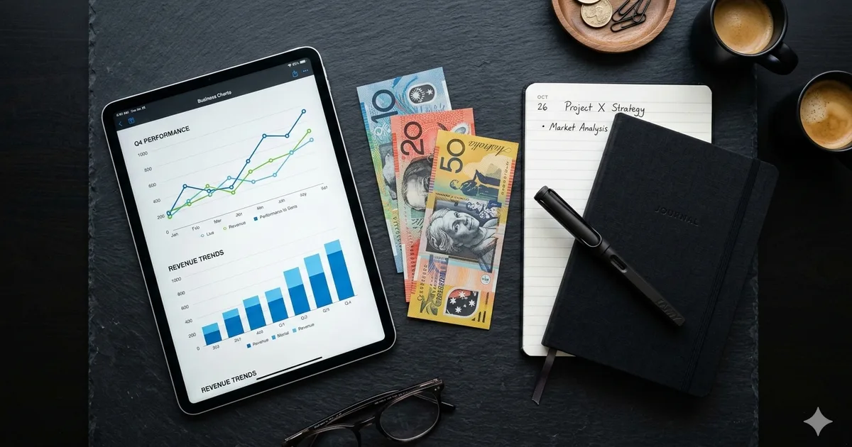 Overhead flat lay of Australian currency, tablet with charts, and notebook on a dark surface