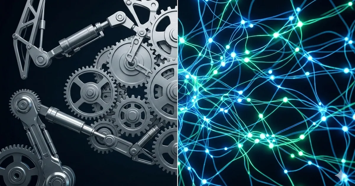 Split composition showing mechanical gears on one side and neural network patterns on the other