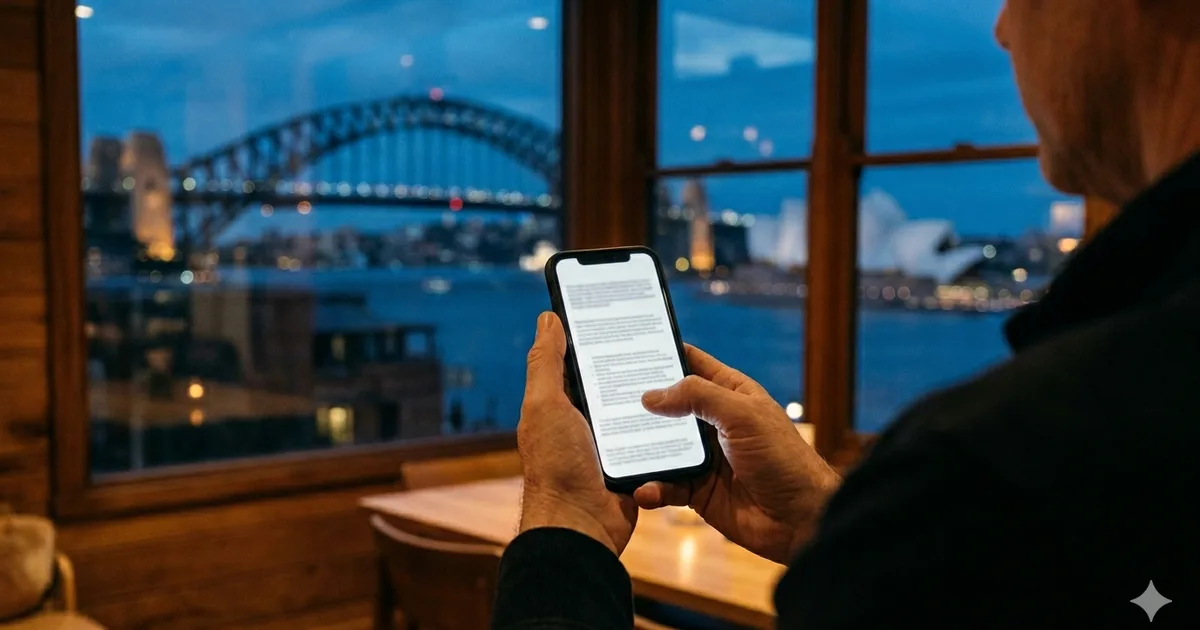 Hands holding a smartphone open to a privacy policy page, Sydney Harbour Bridge and Opera House visible through the window at dusk