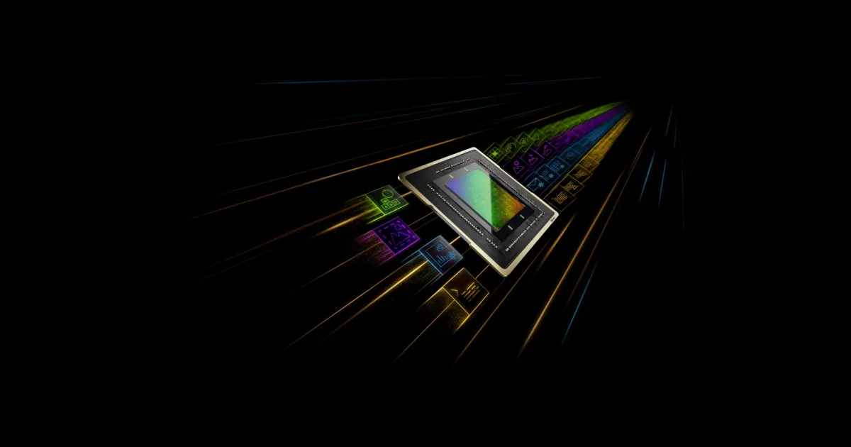 GPU processor chip with colorful light rays representing AI workloads streaming from the tensor cores