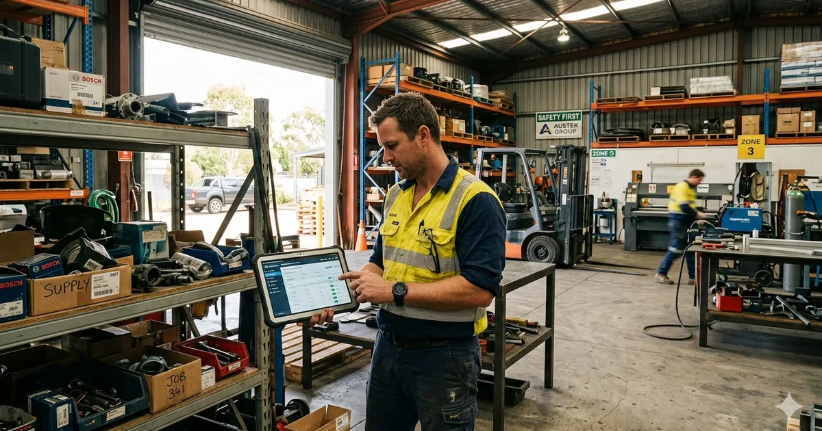 Worker using a tablet in an Australian warehouse to check operations