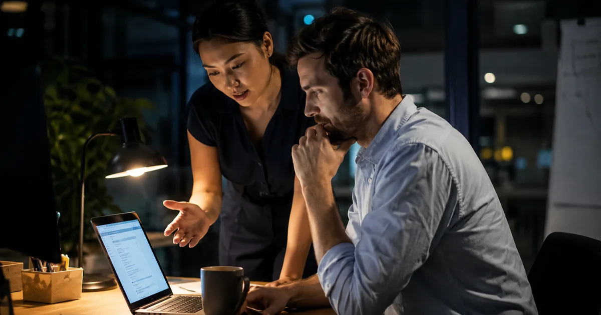 Two colleagues reviewing work together at a laptop in a dimly lit office