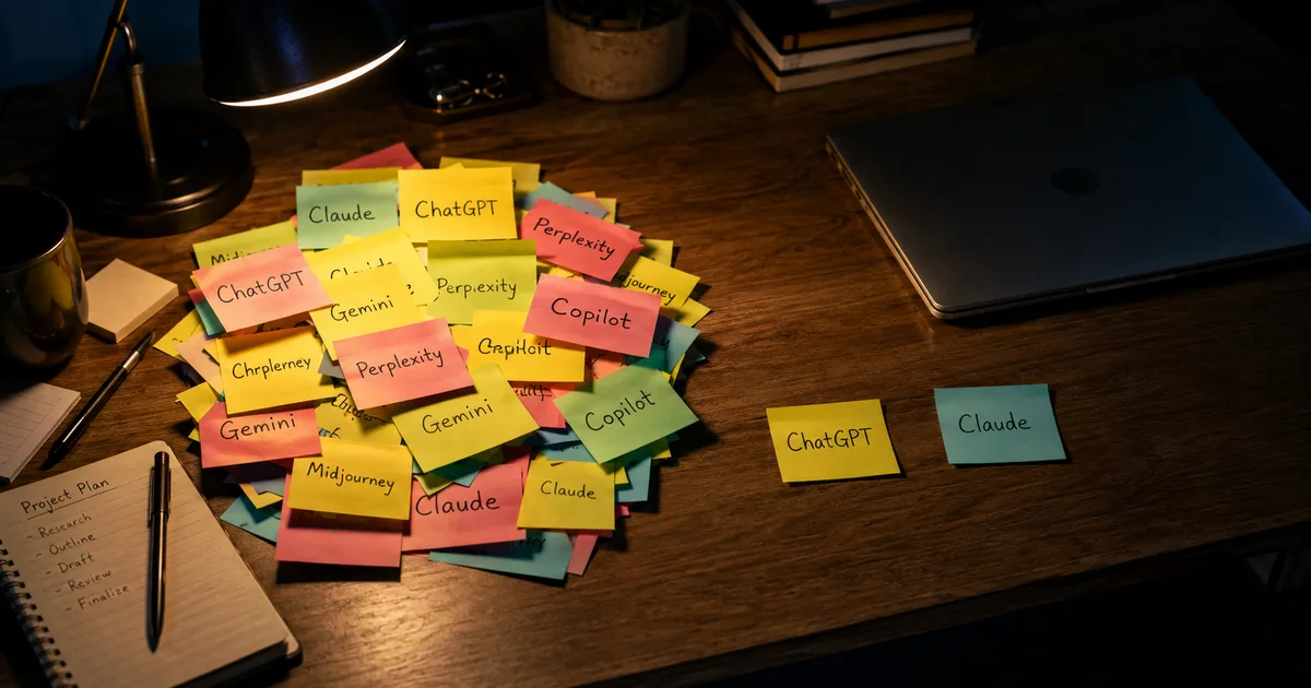 Desk piled with colourful sticky notes labelled with AI tool names, two pulled aside as approved