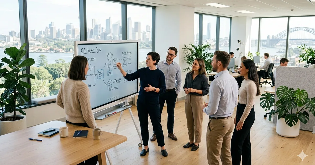 Small team having a standing meeting around a digital whiteboard in a modern open-plan office