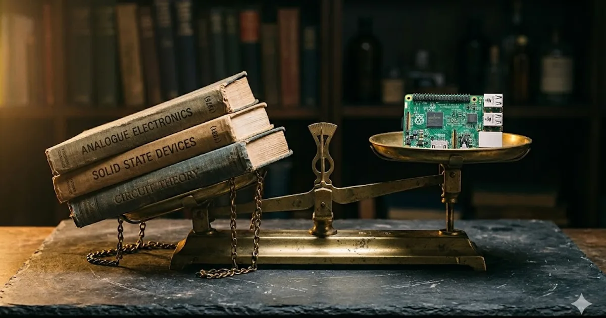 Brass balance scale tipped — a small circuit board on the light pan outweighing a stack of old electronics textbooks